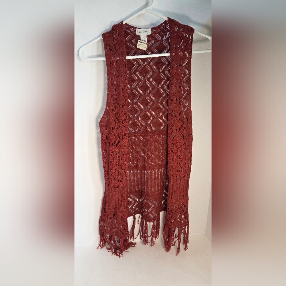 Full Tilt Rust Colored Crochet Vest With 4" Hanging Trim Detail Light & Airy S/M
